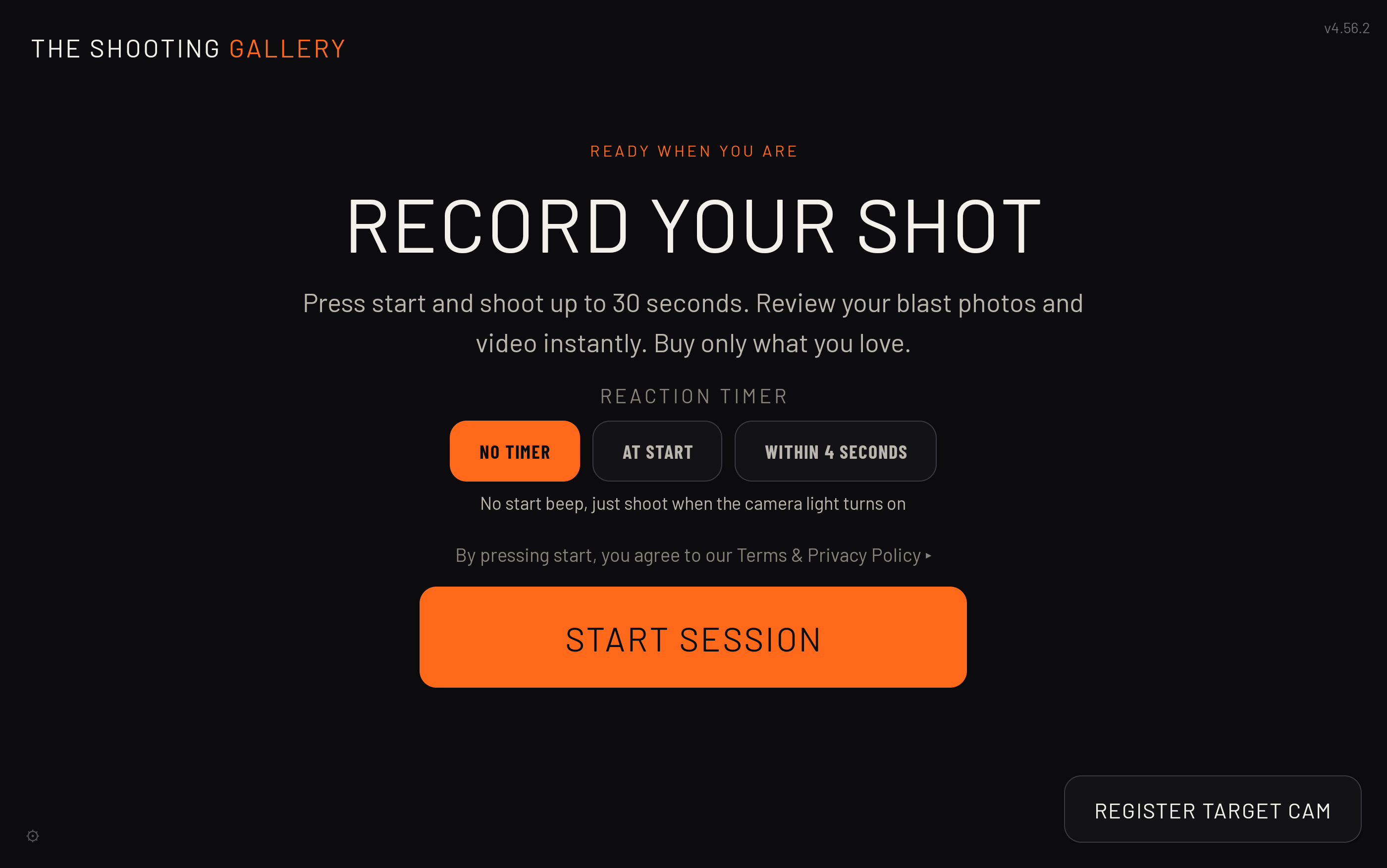 Start Session screen on the lane tablet with reaction timer options and the start button