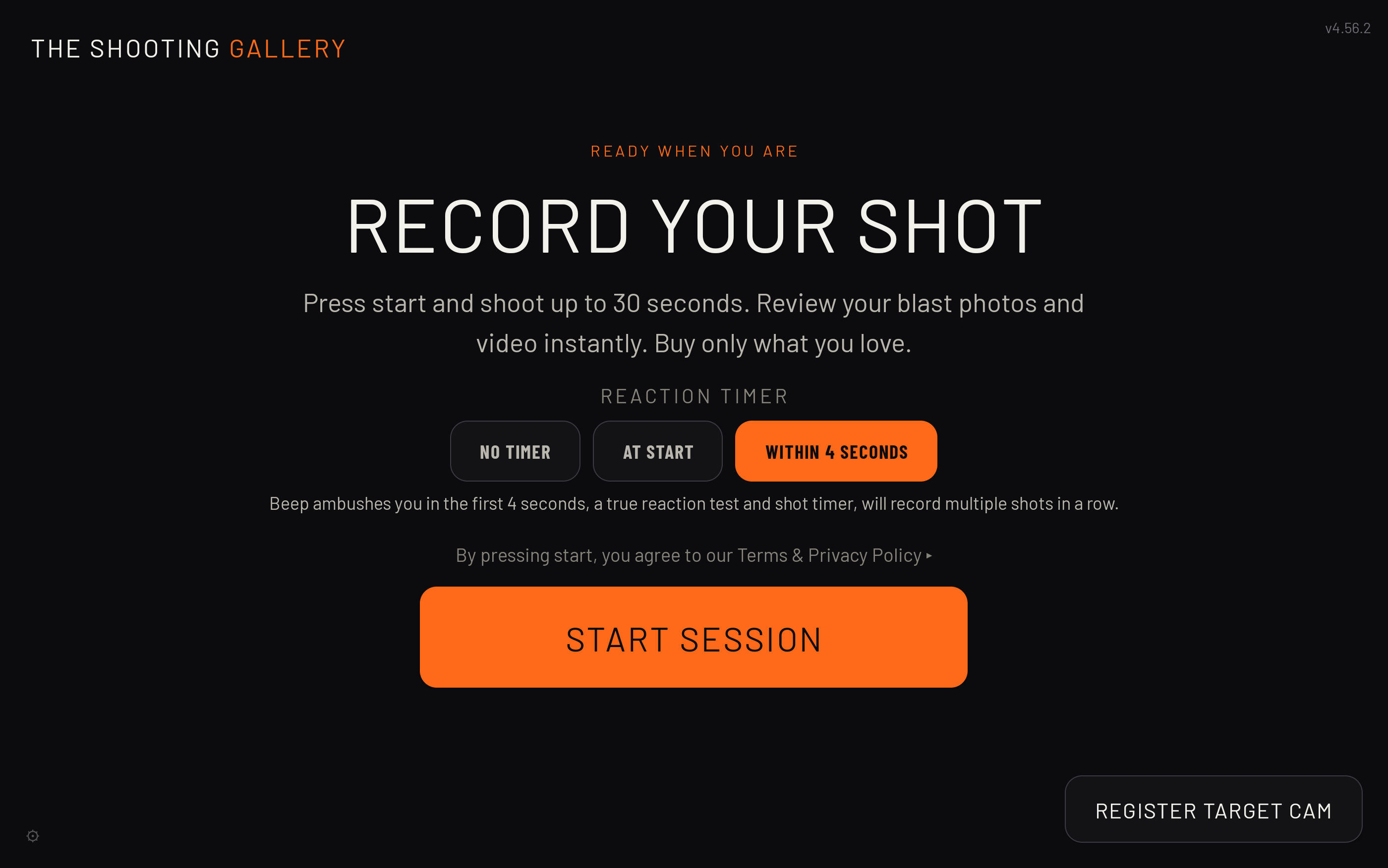 Start screen with the three reaction timer choices: no timer, at start, within 4 seconds