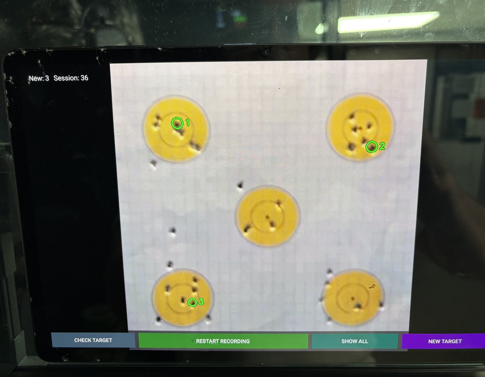 Checked target mid session showing new holes and a running session count of 36